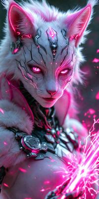 The primary subject of the image is a white cat with pink eyes, wearing a futuristic outfit and surrounded by a pink and purple background. The cat appears to be a character in a comic or anime, with its unique appearance and the futuristic clothing. The setting is a futuristic environment, possibly a comic or anime scene, with the cat as the main focus. The visual style is a combination of digital art and illustration, creating a vibrant and eye-catching